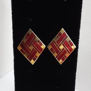 Desi Vintage Earrings Red & Gold Tone Diamond Shape Pierced
